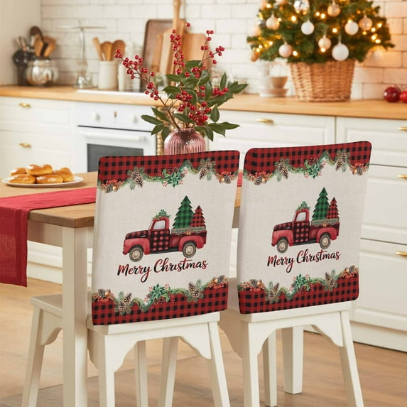 Merry Christmas Red Truck Chair Covers Set of 6 Plaid Xmas Tree Garland Vintage Linen Chair Back Covers Stretch Removable Washable Slipcovers Protector for Dining Room Kitchen Party Decor