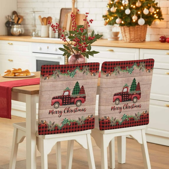Merry Christmas Red Truck Chair Covers Set of 6 Plaid Xmas Tree Garland Wood Grain Chair Back Covers Stretch Removable Washable Slipcovers Protector for Dining Room Kitchen Party Decor