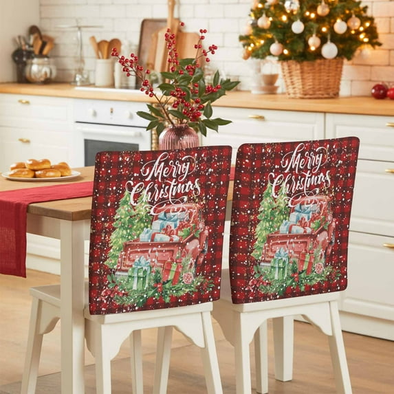 Merry Christmas Red Truck Chair Covers Set of 6 Vintage Red Plaid Gift Snowflake Chair Back Covers Stretch Removable Washable Slipcovers Protector for Dining Room Kitchen Party Decor