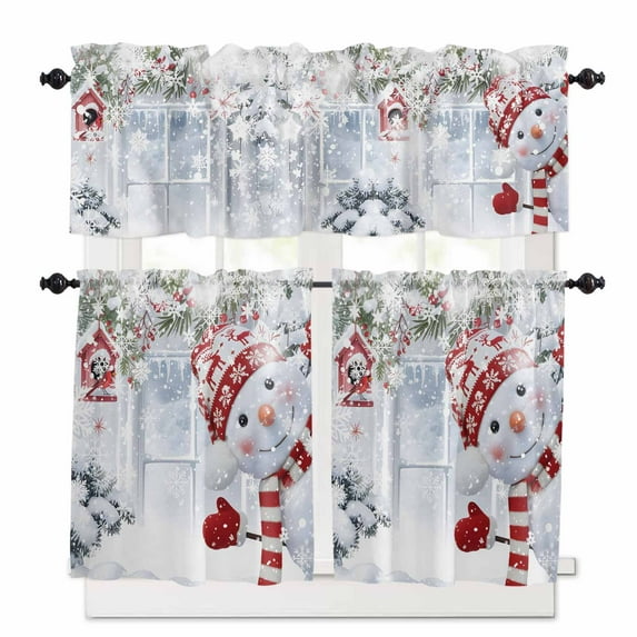 Merry Christmas Red Truck Curtain Valances Set Vintage Green Plaid Gift Snowflake Kitchen Curtains 36 inch Length Rod Pocket Valance and Tiers 3 Piece Set Small Bedroom Bathroom Laundry Decor