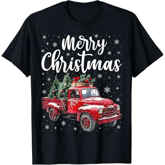 Merry Christmas Red Truck Family Matching Christmas Pajama T-Shirt- American fashion hot selling casual retro high quality 100% cotton T-shirt 1 piece