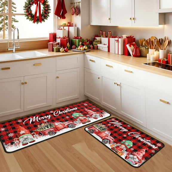 Merry Christmas Red Truck Gnomes Snowflake Buffalo Plaid Kitchen Rugs Set of 2, Winter Home Decor Low-Profile Floor Mat Decorations for Home Kitchen 17"x47"+17"x30"