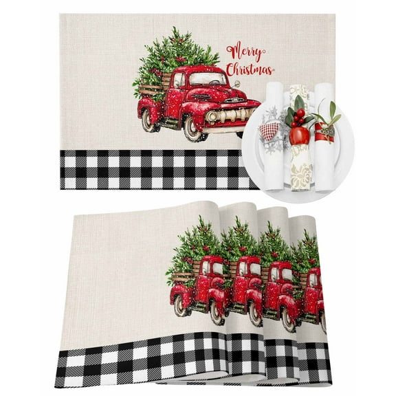Merry Christmas Red Truck Placemats Set of 4 Snowflakes Xmas Tree Black Plaid Heat Insulation Washable Place Mats, Rustic Non-Slip Table Mats for Dining Table Party Kitchen Decor,13x19 Inch