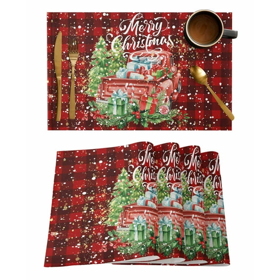 Merry Christmas Red Truck Placemats Set of 4 Vintage Red Plaid Gift Snowflake Heat Insulation Washable Place Mats, Rustic Non-Slip Table Mats for Dining Table Party Kitchen Decor,13x19 Inch