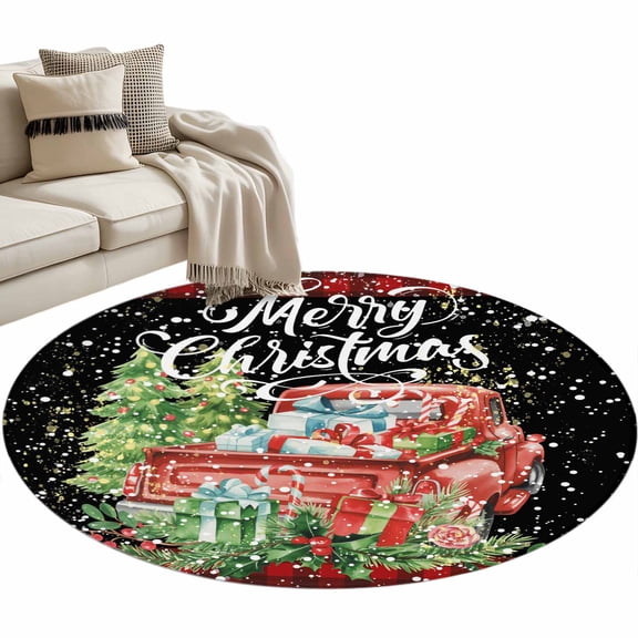 Merry Christmas Red Truck Round Area Rug 3ft Vintage Green Plaid Gift Snowflake Black Non-Slip Washable Circle Rugs Soft Felt Indoor Floor Mat for Bedroom Kitchen Living Room Bathroom