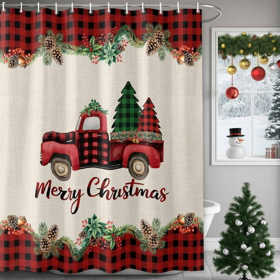 Merry Christmas Red Truck Shower Curtains for Bathroom, Plaid Xmas Tree Garland Vintage Linen Waterproof Fabric Shower Curtain for Bathroom Bathtub Decoration, Machine Washable, 36"x72"