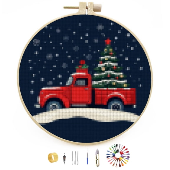 Merry Christmas Red Truck and Tree DIY Stamped Cross Stitch Kits Easy for Beginners with Hoop 11CT Counted Embroidery Needlepoint Crafts Arts for Handmade Enthusiasts and Home Decor 30x30cm(10)