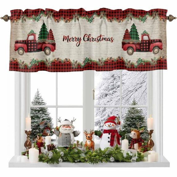 Merry Christmas Red Truck Valances for Windows, Plaid Xmas Tree Garland Vintage Letter Rod Pocket Valance Short Window Treatments Curtains for Kitchen Bathroom Bedroom Decor, 60 x 14 In