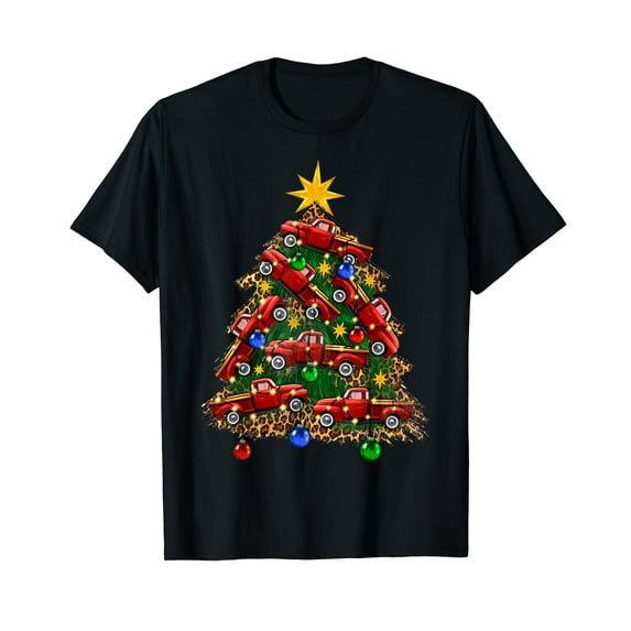 Merry Christmas Red Truck Xmas Tree Lights Leopard Print T-Shirt