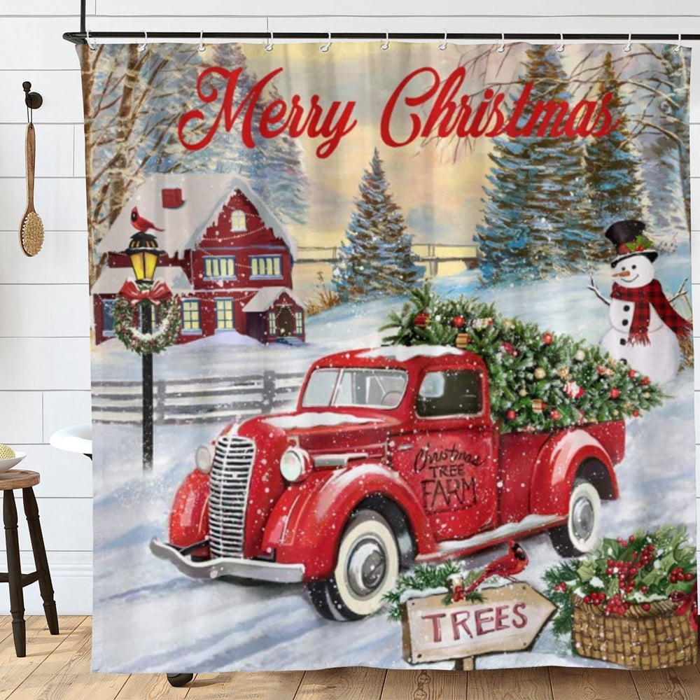 Christmas Fabric Shower Curtain Vintage Red Truck, Snowman, Tree