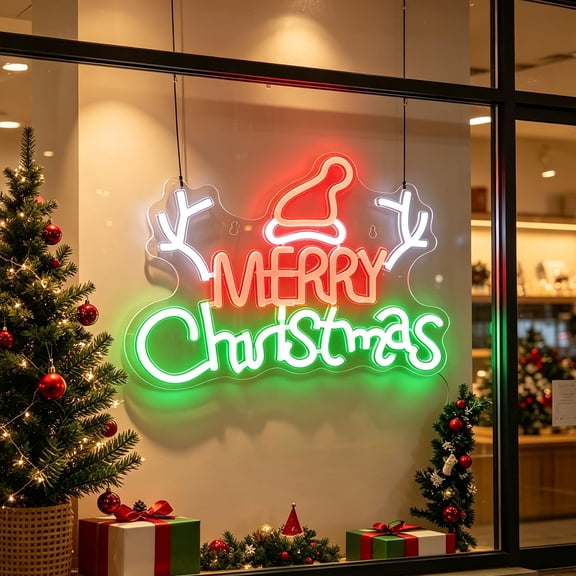 Merry Christmas Reindeer Antlers LED Neon Sign, Acrylic Backboard Holiday Wall Hanging Light