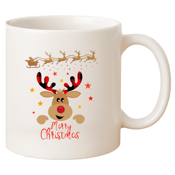 Merry Christmas Reindeer Mug 11 oz Ceramic Coffee Cup Double-Sided Print Santa Sleigh Design Holiday Gift for Him, Her, Coworkers