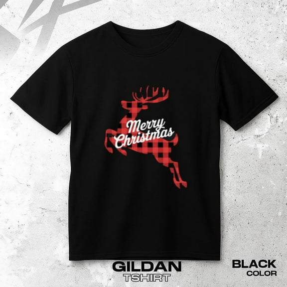 Merry Christmas Reindeer Plaid Family Holiday Matching Pajama Top Unisex T-Shirt, up to size 5XL.