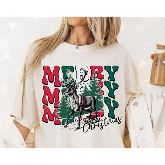 Merry Christmas Reindeer T-Shirt, Retro Holiday Tee for Women, Cute Merry Xmas and Happy New Year Shirt