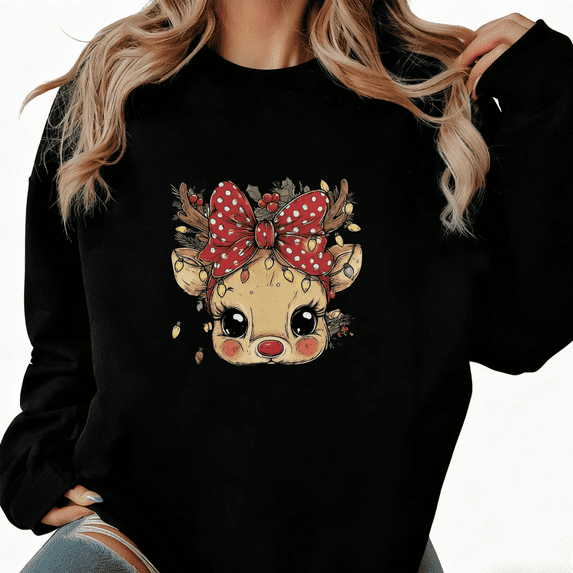 Merry Christmas Retro Reindeer Bow Graphic Casual Tee T-Shirt Print Top Round-neck long-sleeved Black S-3XL