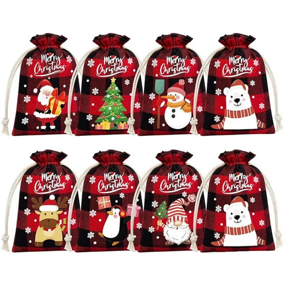 Merry Christmas Reusable Gift Bags Cotton Linen Material 8 Count Assorted Christmas Themed Patterns With Santa Snowman Penguin Bear Designs For Holiday Gift Wrapping And