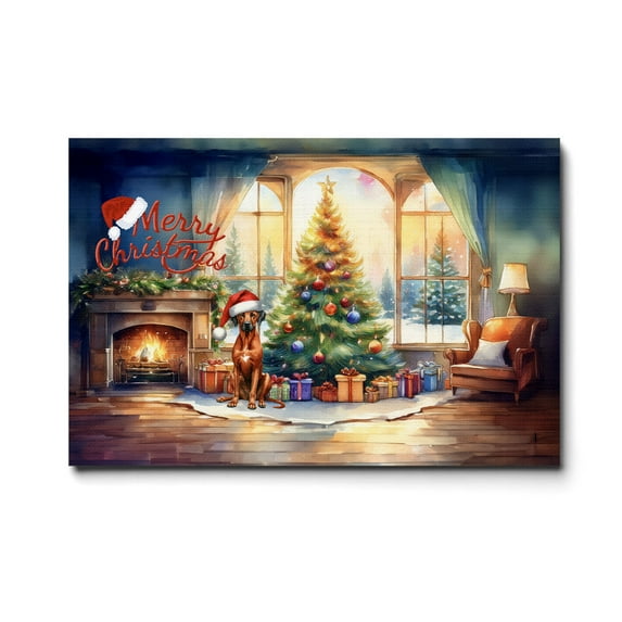 Merry Christmas Rhodesian Ridgeback Santa Hat Xmas Tree Winter Holiday Horizontal Matte Canvas Poster Ridgebacks Dog Lover Gifts Wall Art Home Decor - 01013