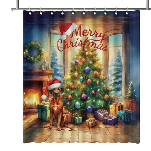 Merry Christmas Rhodesian Ridgeback Santa Hat Xmas Tree Winter Holiday Shower Curtain Ridgebacks Dog Lover Gifts Waterproof Bathroom Bathtub Curtain - 01013
