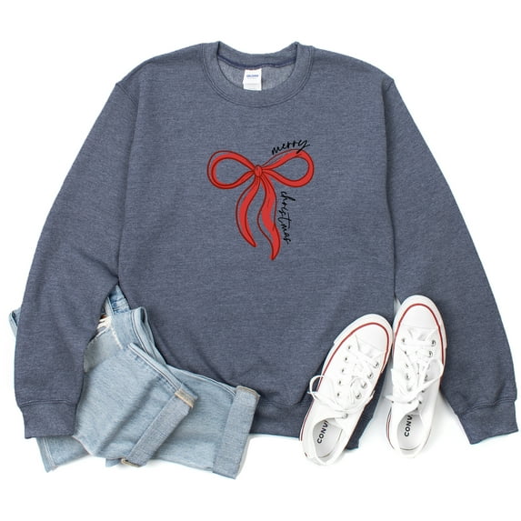 Merry Christmas Ribbon Sweatshirt Women Xmas Season Long Sleeve Graphic Shirts Cozy Weather Lover Pullover Tops