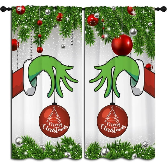 Merry Christmas Rod Pocket Blackout Curtains for Boy Girl Bedroom, Xmas Traditional Winter Fir Twigs and Red Balls Light Filtering Window Drapes for Living Room Home Privacy, 84x63 inch