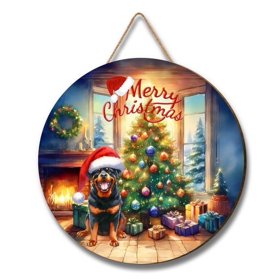 Merry Christmas Rottweiler Santa Hat Xmas Tree Winter Holiday Round Wood Sign Rottie Dog Lover Gifts Idea Hanging Wall Home Decor - 01013