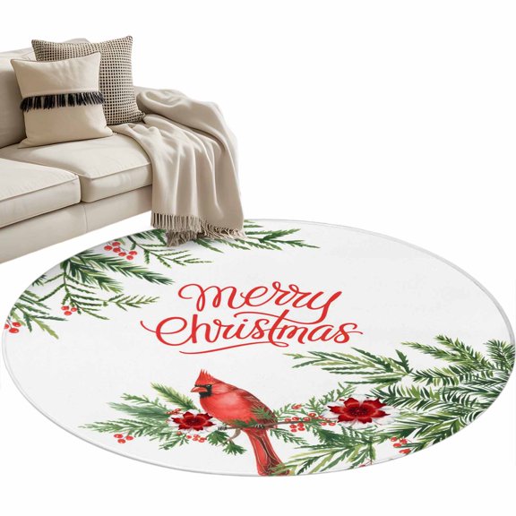 Merry Christmas Round Area&nbsp;Rug 3.3ft Green Pine Tree Cardinal Bird Flower Non-Slip&nbsp;Washable Circle Rugs Soft Felt Indoor Floor Mat for Bedroom Kitchen Living Room Bathroom