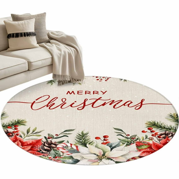 Merry Christmas Round Area Rug 3ft Red White Flowers Green Leaf Vintage Linen Non-Slip Washable Circle Rugs Soft Felt Indoor Floor Mat for Bedroom Kitchen Living Room Bathroom