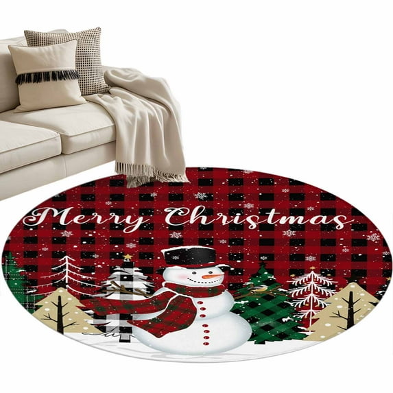 Merry Christmas Round Area Rug 3ft Snowman Xmas Tree Red Buffalo Plaid Non-Slip Washable Circle Rugs Soft Felt Indoor Floor Mat for Bedroom Kitchen Living Room Bathroom