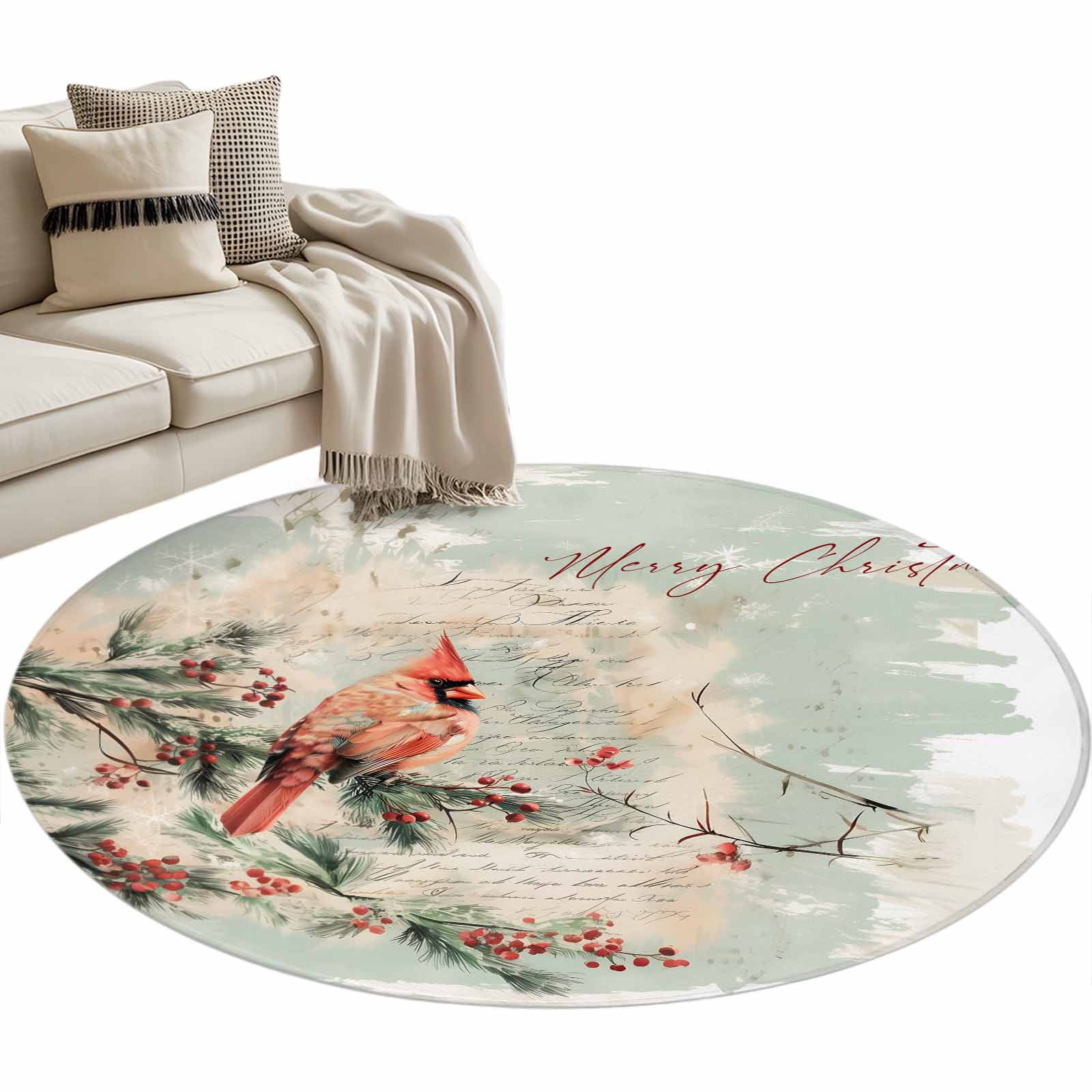 Merry Christmas Round Area Rug 4ft Cardinal Berries Evergreen Bough ...