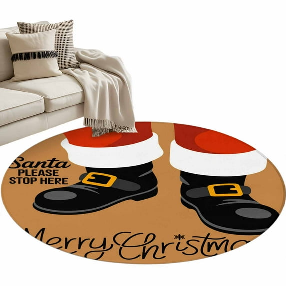 Merry Christmas Round Area Rug 4ft Funny Santa Claus Feet Santa Pleas Stop Here Non-Slip Washable Circle Rugs Soft Felt Indoor Floor Mat for Bedroom Kitchen Living Room Bathroom