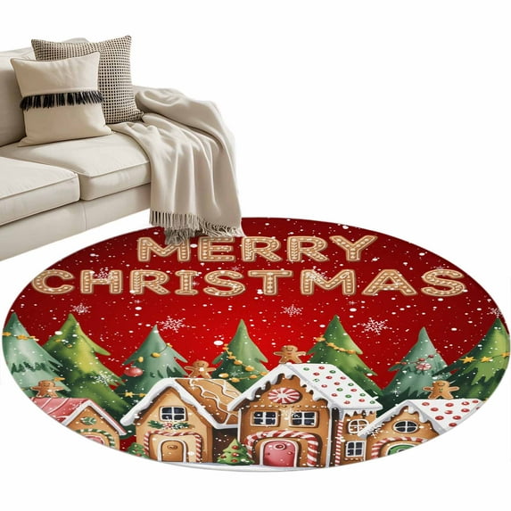 Merry Christmas Round Area Rug 4ft Gingerbread House Green Tree Winter ...