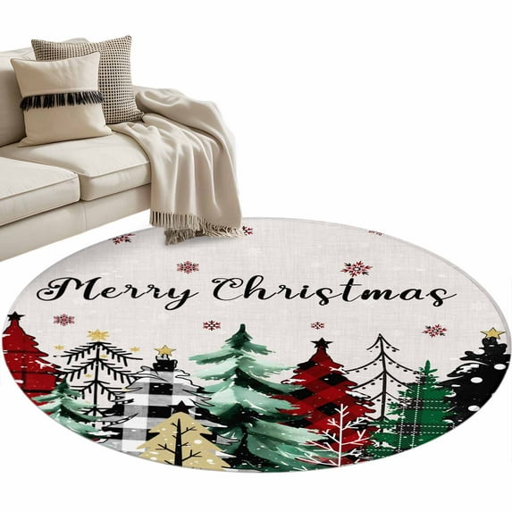 Merry Christmas Round Area Rug 4ft Green Red Black Plaid Christmas Tree Snowflakes Linen Non-Slip Washable Circle Rugs Soft Felt Indoor Floor Mat for Bedroom Kitchen Living Room Bathroom