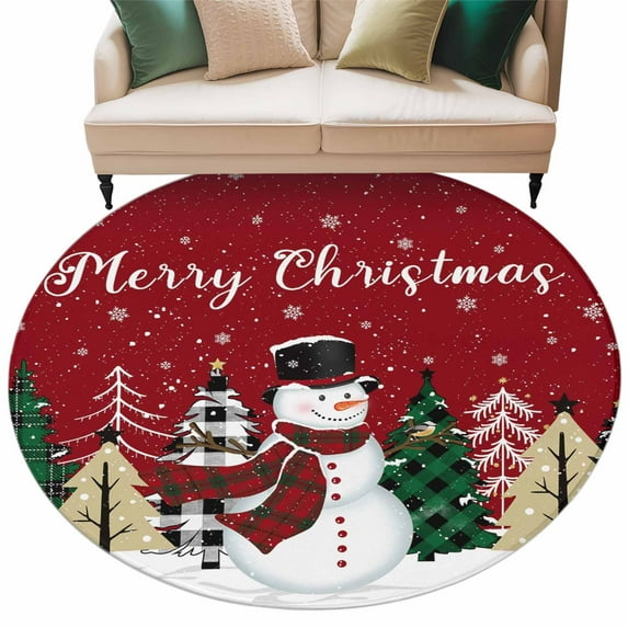 Merry Christmas Round Area Rug 5ft Snowman Green Buffalo Plaid Xmas ...