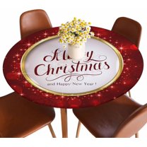 Merry Christmas Round Fitted Tablecloth Happy New Year Snowflake Red Tablecloth Waterproof Oilcloth Table Cover for 40"-44"