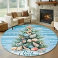 thumbnail image 1 of Merry Christmas Round Living Room Rugs 5 ft, Shell Starfish Coastal Marine Life Tree Washable Area Rug with Non-Slip Sturdy Edge Binding Round Carpet for Entryway Kitchen Bedroom Bathroom, 1 of 9