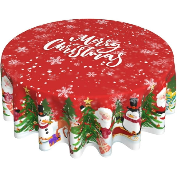 Merry Christmas Round Tablecloth 60 Inch Funny Santa Snowman Reindeer Table Cloth for Kitchen Dining Xmas Trees Winter Snowflakes Polyester Table Cover for Holiday New Year Picnic Decor