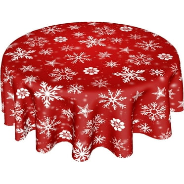 Merry Christmas Round Tablecloth 60 Inch Winter Red White Snowflakes Round Tablecloth for Christmas Washable Xmas Table Cloth for Home Kitchen Dining Room Patio Picnic Party Indoor Outdoor Decor