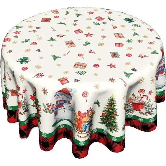 Merry Christmas Round Tablecloth 60 Inch Winter Snowman Table Cloth Washable Circle Cover for Holiday Picnic Party Home Decor