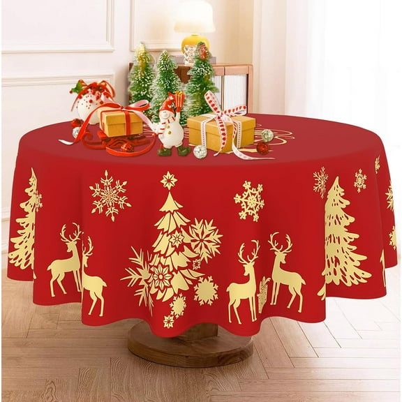 Merry Christmas Round Tablecloth 60 inch Christmas Table Cloth Golden Deer Christmas Tree Table Covers Red Christmas Decoration for Christmas Party Dining Room Home Kitchen Picnic