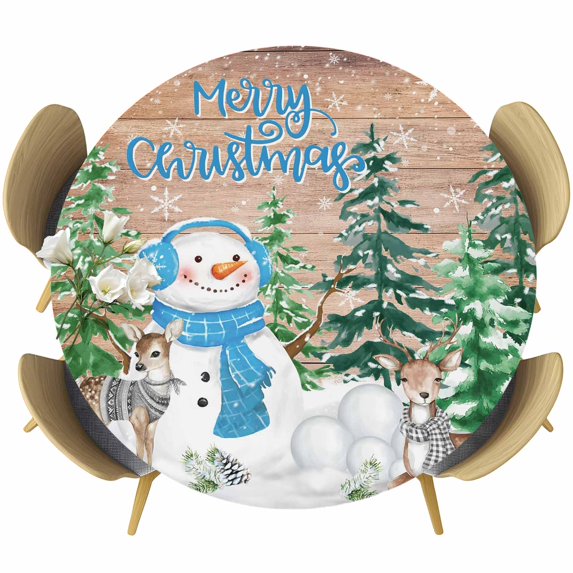 Merry Christmas Round Tablecloth, Fitted Table Cover with Elastic for 36"-44" Round Tables, Rustic Xmas Tree Elk Blue Snowman Snowflake Table Cloth Outdoor Indoor Dinning Party Waterproof Tablecloths