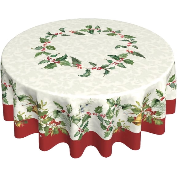 Merry Christmas Round Tablecloths 60 Inch Holiday Tablecloth Decor Winter Gold Green Table Cloth Polyester Fabric Season Outside Table Cover for Kitchen Outdoor Indoor Party