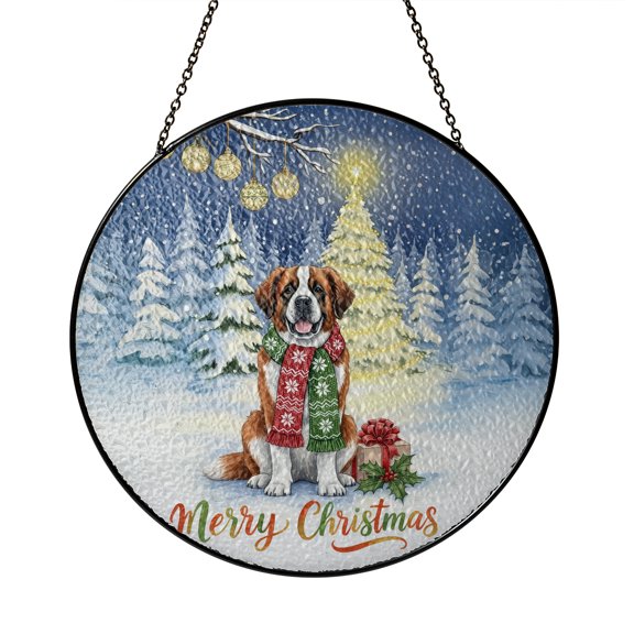 Merry Christmas Saint Bernard Snowy Winter with Gifts Tree Decorations Stained Glass Suncatcher St Dog Lover Window Hanging Sign Decor - 12020