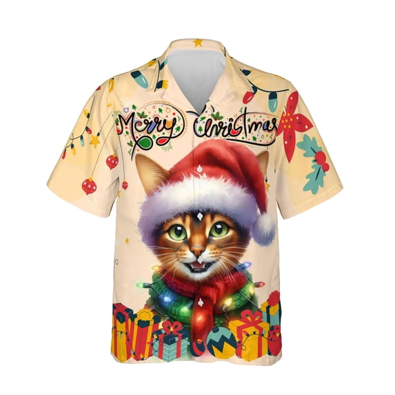 Merry Christmas Santa Abyssinian Scarf Twinkling Lights Xmas Holiday Hawaiian Shirt Breathable Summer Unisex Merch Cat Lover Kitten Owner Gifts - 00022