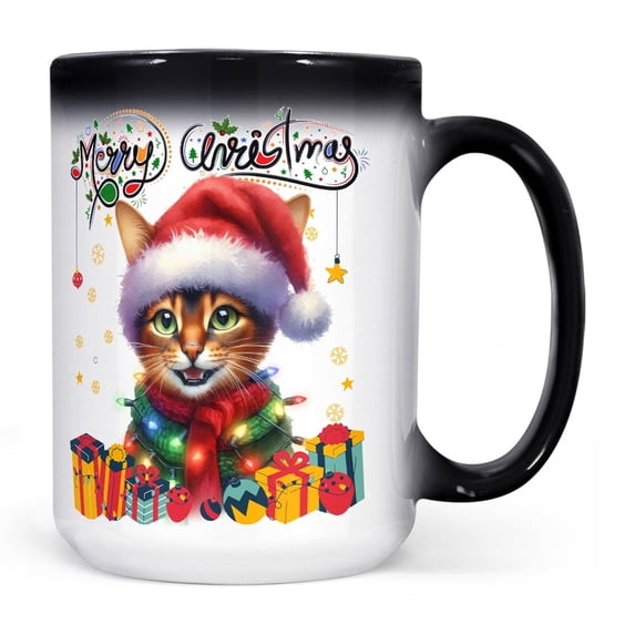 Merry Christmas Santa Abyssinian Scarf Twinkling Lights Xmas Holiday Heat Color Changing Mug Cat Lover Kitten Owner Gifts Magic Coffee Mug - 00022