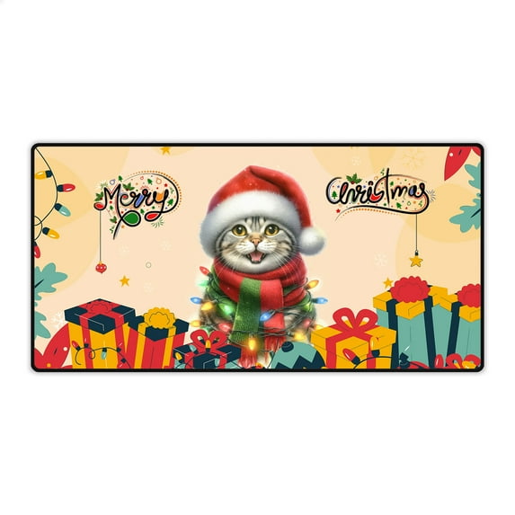Merry Christmas Santa American Shorthair Scarf Twinkling Lights Xmas Holiday Desk Mat Full Keyboard Mouse Pad Cat Lover Kitten Owner Gifts Large Mousepad - 00022