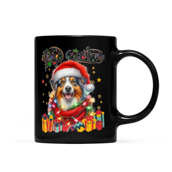 Merry Christmas Santa Australian Shepherd Scarf Twinkling Lights Xmas Holiday Mug Aussie Dog Lover Gifts Coffee Tea Cup - 00022