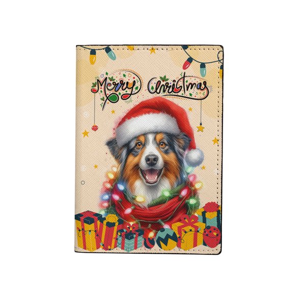 Merry Christmas Santa Australian Shepherd Scarf Twinkling Lights Xmas Holiday Travel Passport Wallet Aussie Dog Lover Gifts PU Leather Passport Holder Cover - 00022