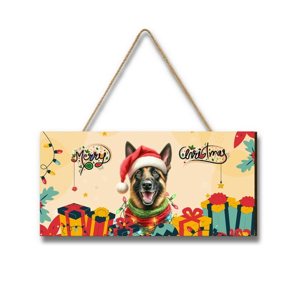 Merry Christmas Santa Belgian Malinois Scarf Twinkling Lights Xmas Holiday Landscape Wood Sign Sheepdog Dog Lover Gifts Hanging Wall Home Decor - 00022