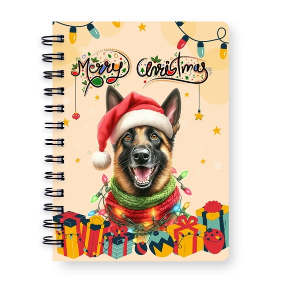 Merry Christmas Santa Belgian Malinois Scarf Twinkling Lights Xmas Holiday Spiral Bound Journal Sheepdog Dog Lover Gifts 5x7in Spiral Notebook - 00022