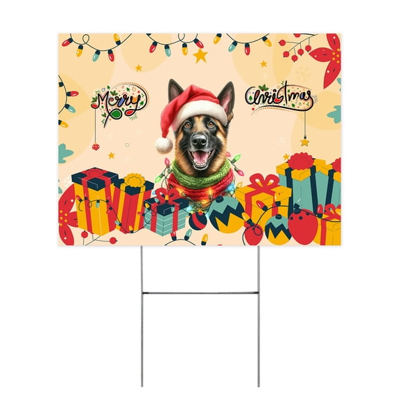 Merry Christmas Santa Belgian Malinois Scarf Twinkling Lights Xmas Holiday Yard Sign Sheepdog Dog Lover Gifts Outdoor Home Lawn Garden Porch Decor - 00022